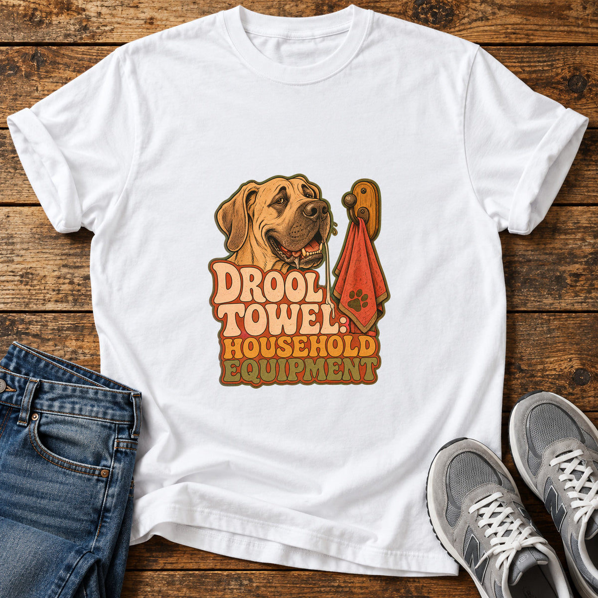 Drool Towel Essentials Great Dane graphic T-shirt in White, shown on a flat-lay shirt mockup
