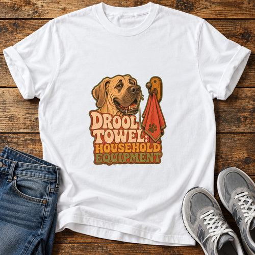 Drool Towel Essentials Great Dane graphic T-shirt in White, shown on a flat-lay shirt mockup