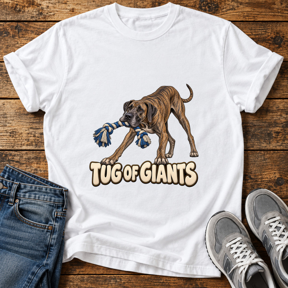 Tug of Giants Great Dane graphic T-shirt in White, shown on a flat-lay shirt mockup