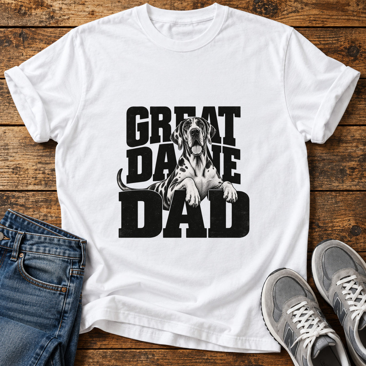 Great Dane Dad graphic T-shirt in White, shown on a flat-lay shirt mockup
