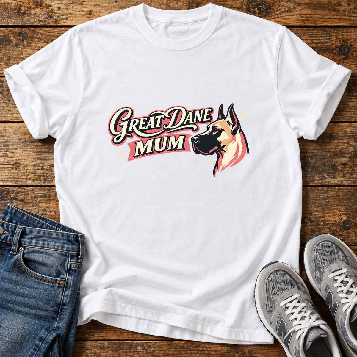 Great Dane Mum graphic T-shirt in White, shown on a flat-lay shirt mockup