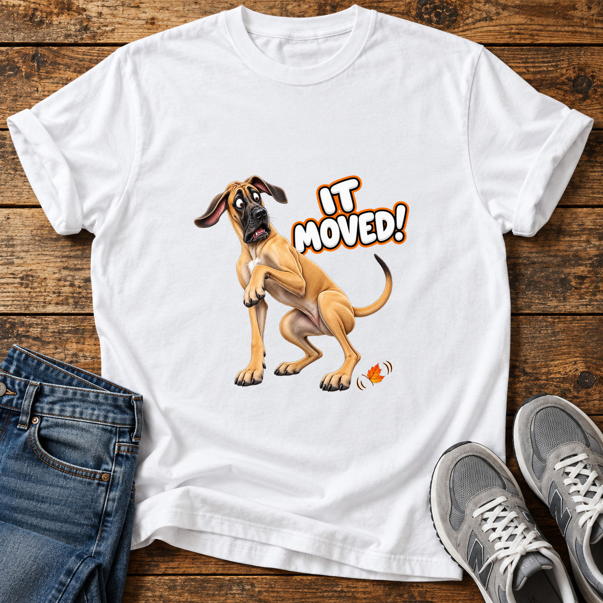 It Moved Great Dane graphic T-shirt in White, shown on a flat-lay shirt mockup