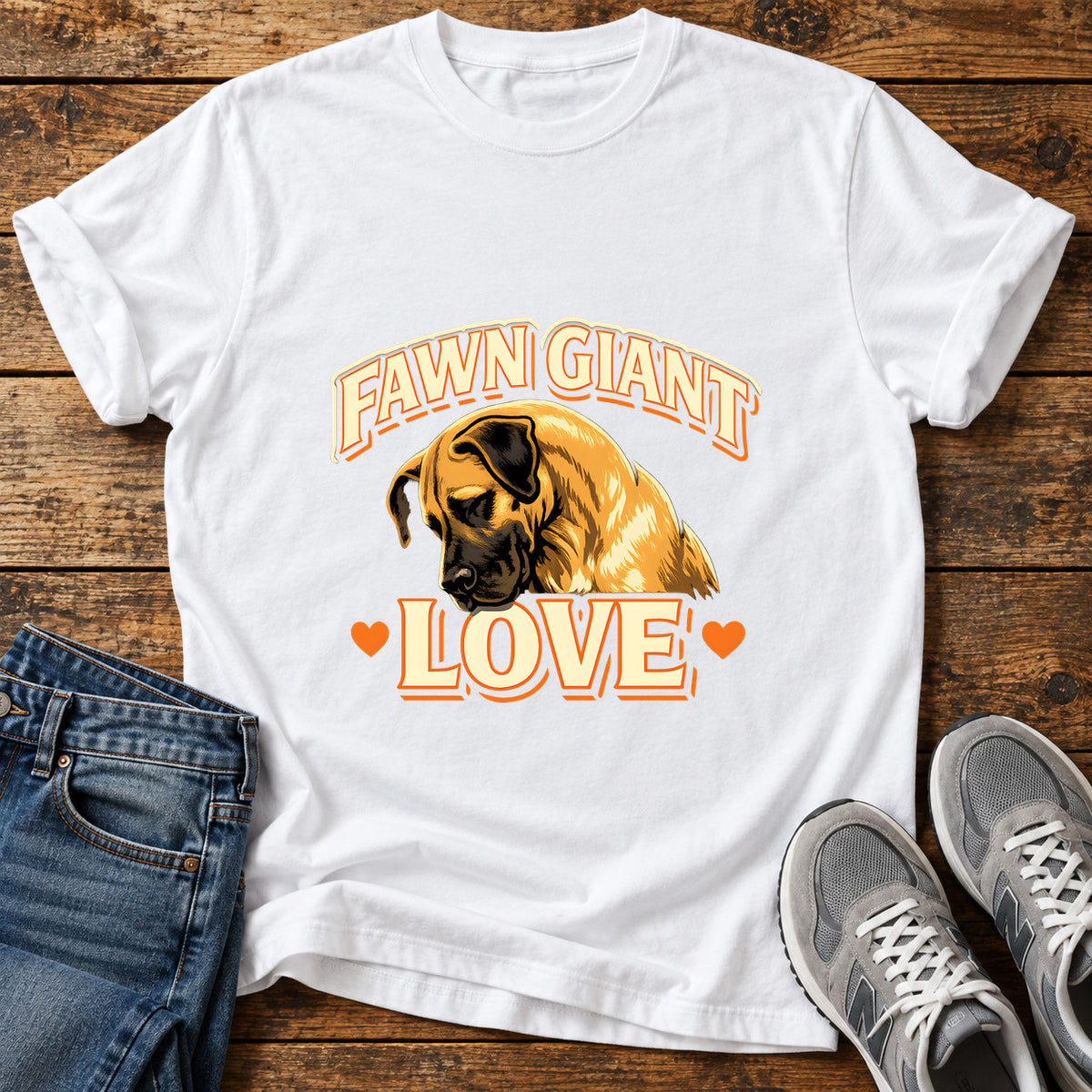 Fawn Giant Love Great Dane graphic T-shirt in White, shown on a flat-lay shirt mockup