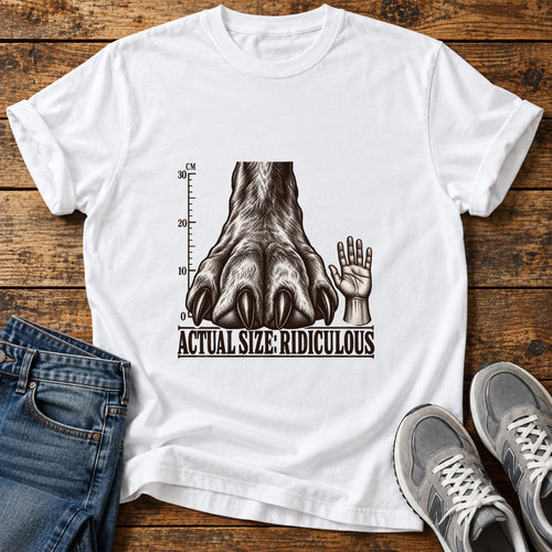 Actual Size Ridiculous Great Dane graphic T-shirt in White, shown on a flat-lay shirt mockup