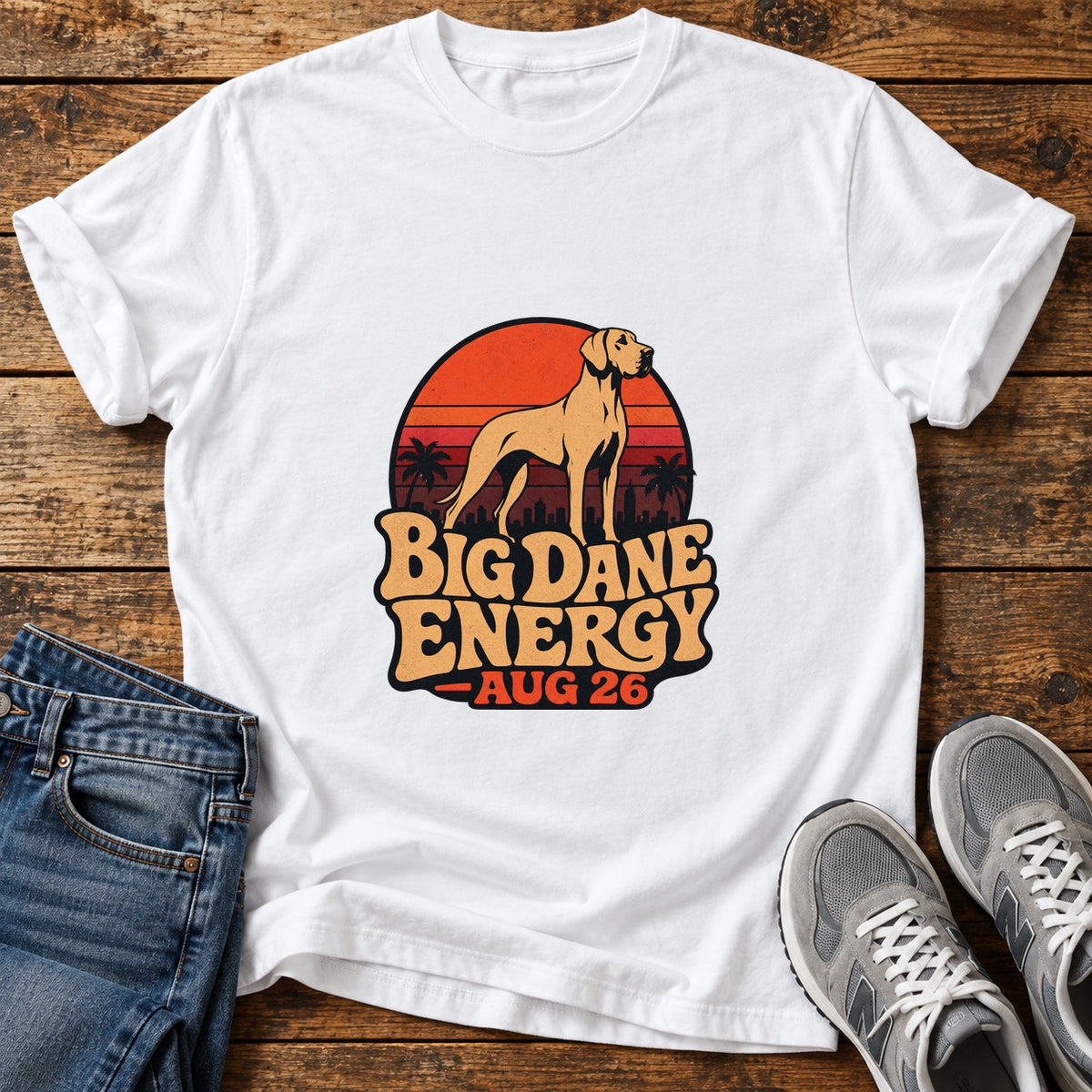 Big Dane Energy Great Dane graphic T-shirt in White, shown on a flat-lay shirt mockup