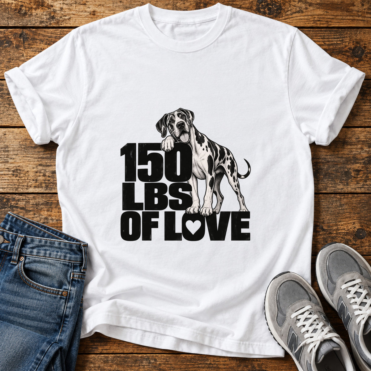 150 Lbs Love Great Dane graphic T-shirt in White, shown on a flat-lay shirt mockup