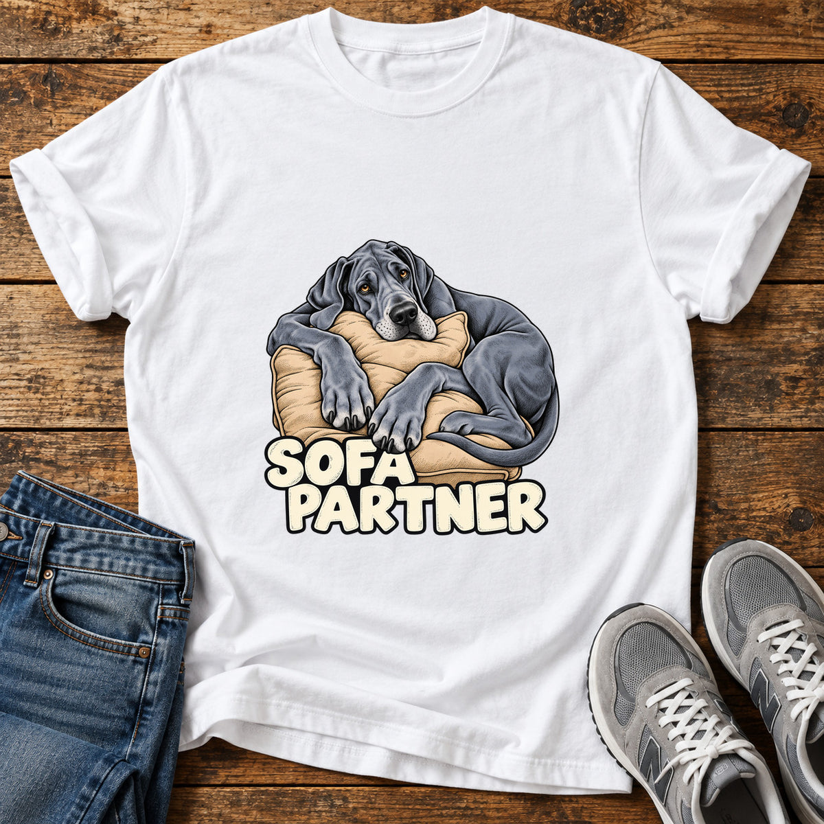 Sofa Partner Great Dane graphic T-shirt in White, shown on a flat-lay shirt mockup