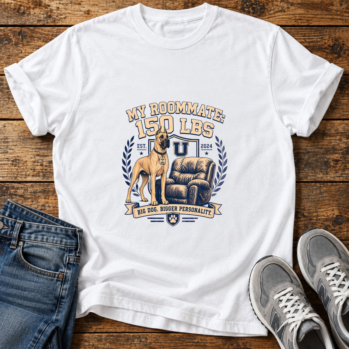 Roommate Pup Great Dane graphic T-shirt in White, shown on a flat-lay shirt mockup