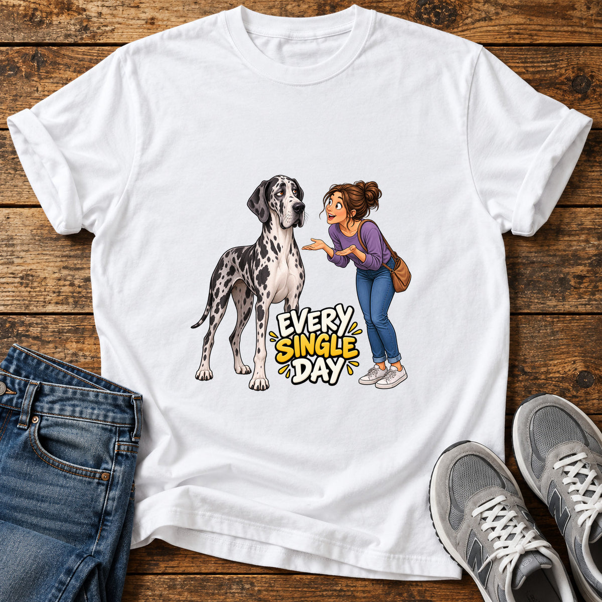 Every Single Day Great Dane graphic T-shirt in White, shown on a flat-lay shirt mockup
