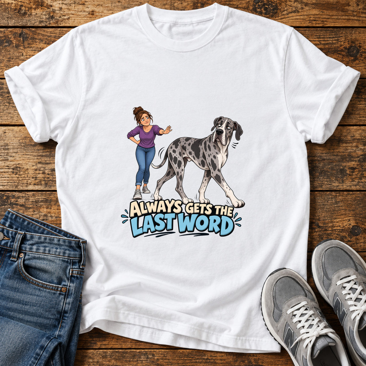 Last Word Wag Great Dane graphic T-shirt in White, shown on a flat-lay shirt mockup