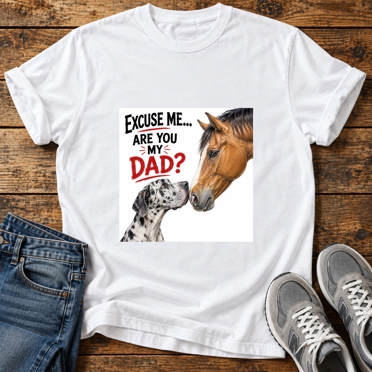 Are You Dad Great Dane graphic T-shirt in White, shown on a flat-lay shirt mockup