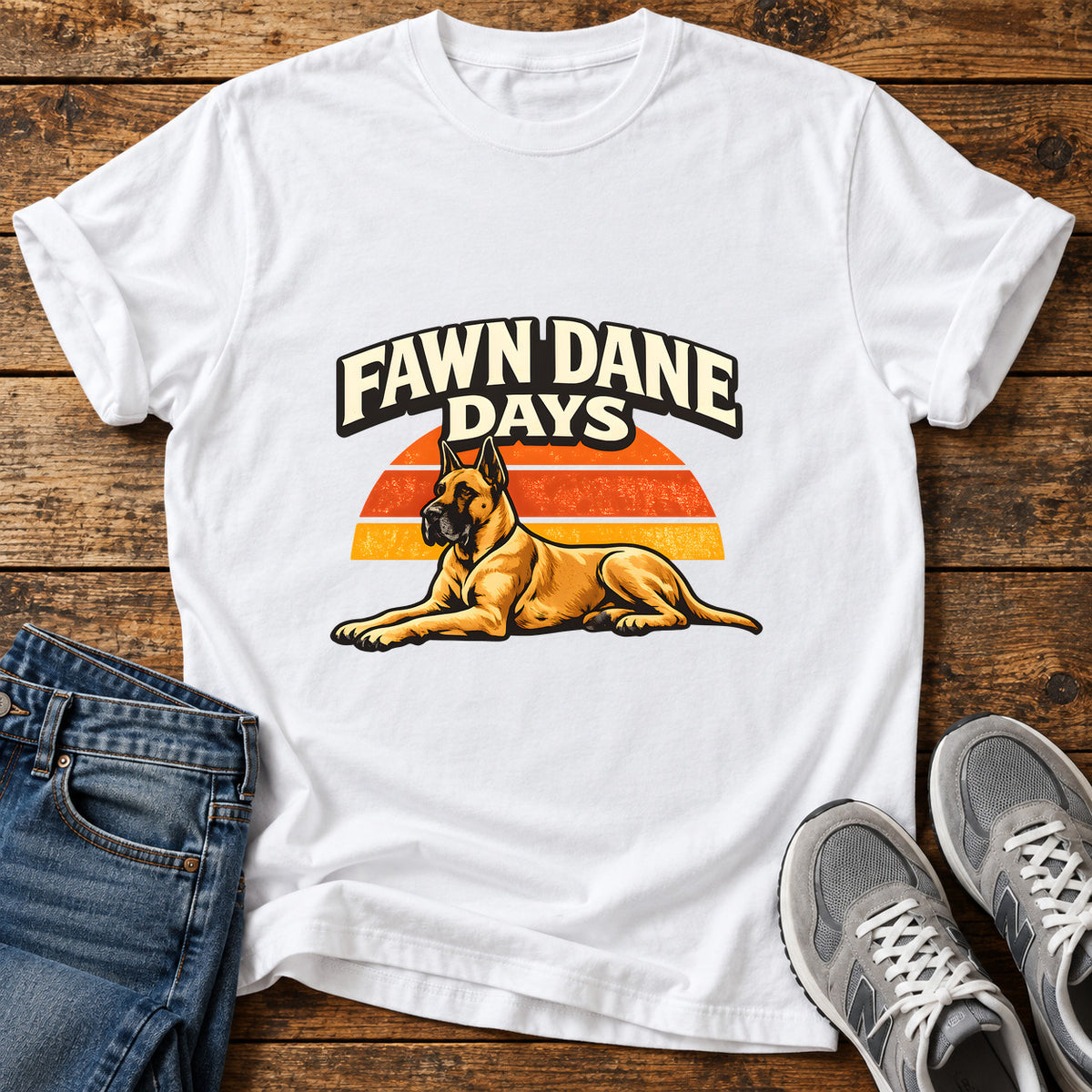 Fawn Dane Days Great Dane graphic T-shirt in White, shown on a flat-lay shirt mockup