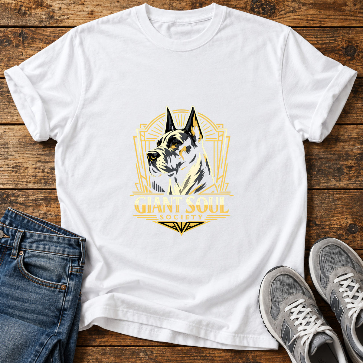 Giant Soul Society Great Dane graphic T-shirt in White, shown on a flat-lay shirt mockup