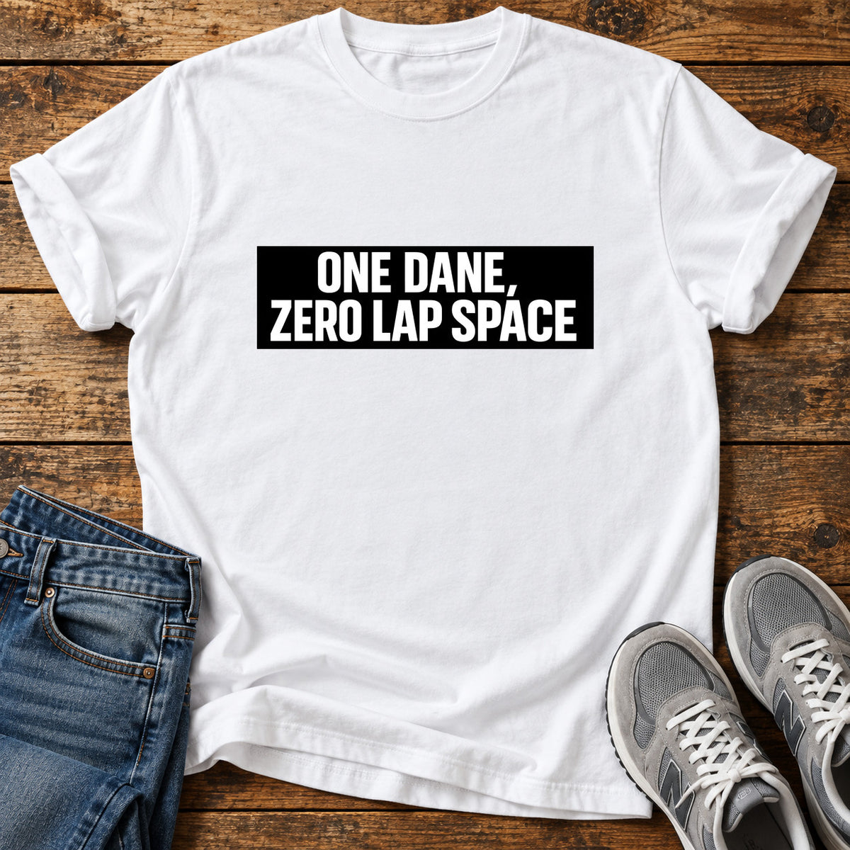 One Dane Zero Great Dane graphic T-shirt in White, shown on a flat-lay shirt mockup