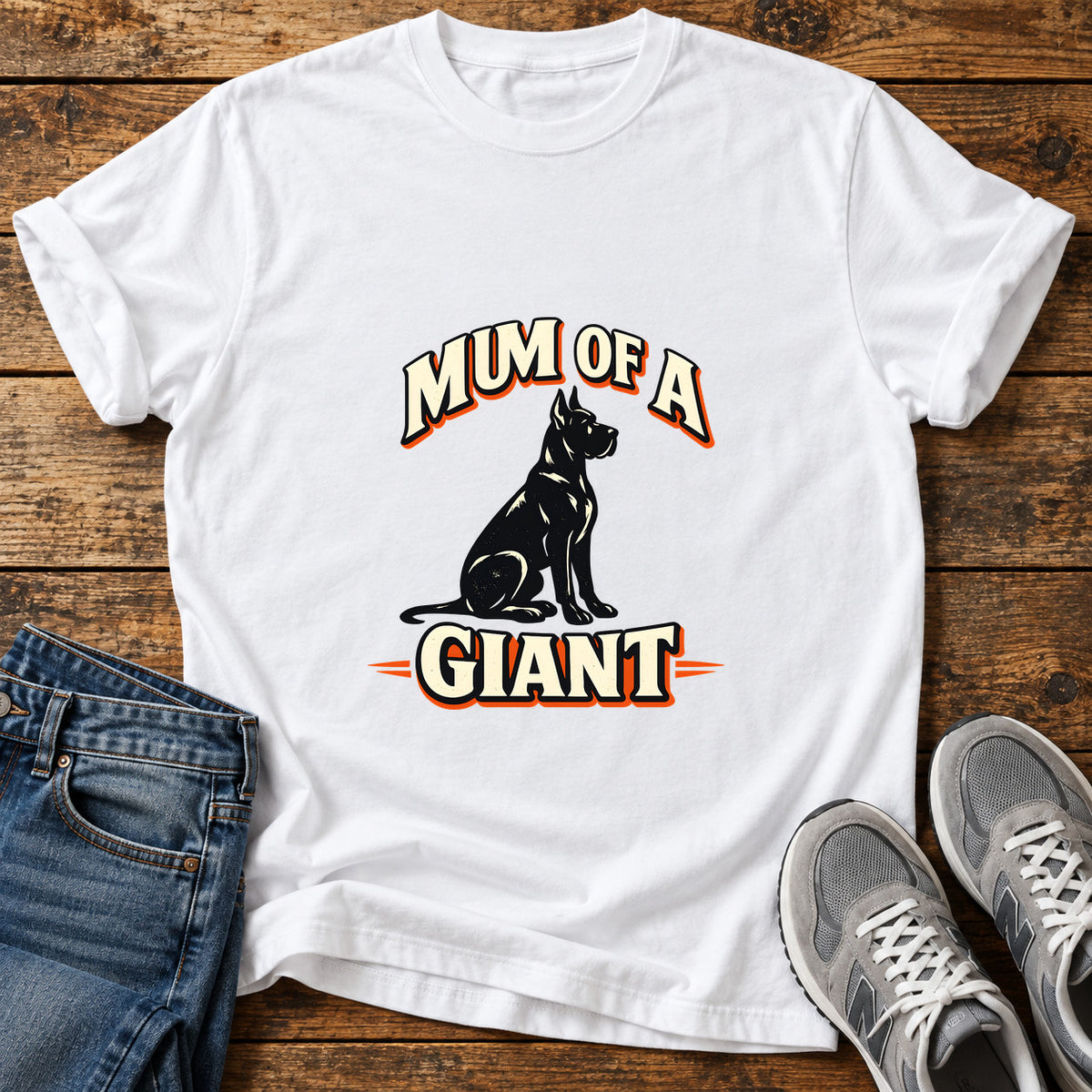 Mum Of Giant Great Dane graphic T-shirt in White, shown on a flat-lay shirt mockup