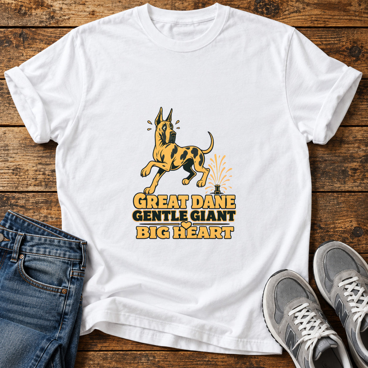 Great Dane Heart graphic T-shirt in White, shown on a flat-lay shirt mockup