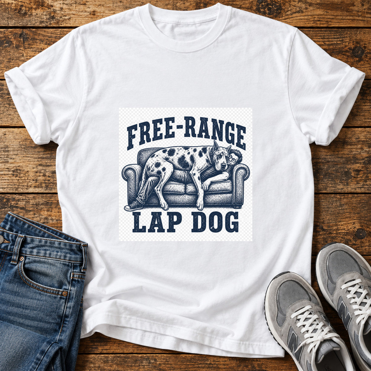 Free-Range Lap Dog Great Dane graphic T-shirt in White, shown on a flat-lay shirt mockup