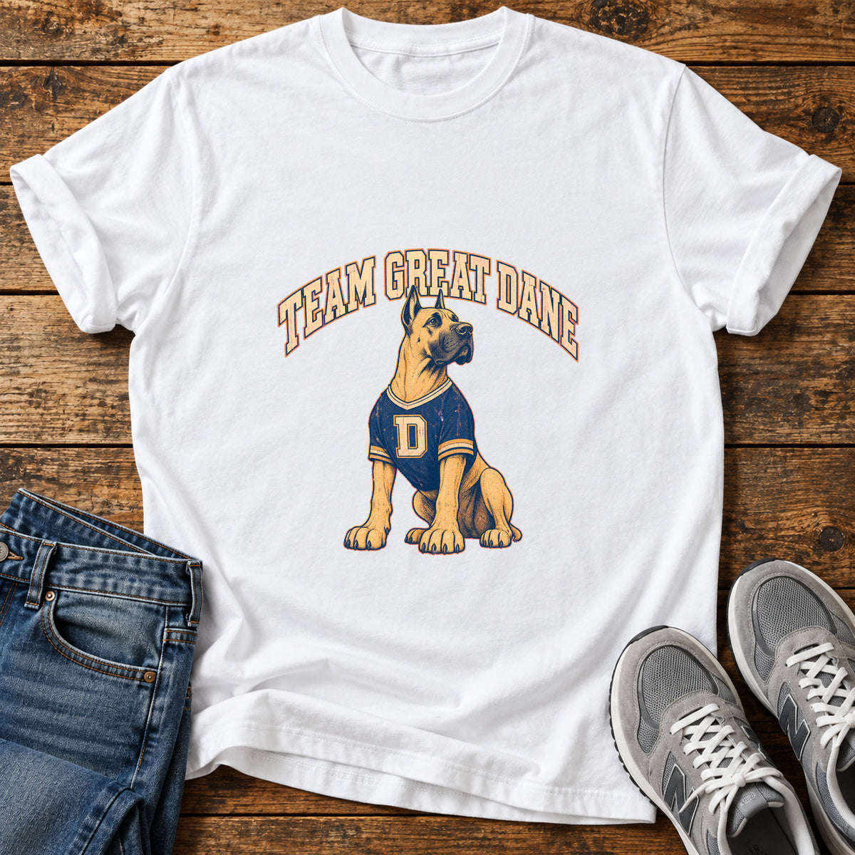 Team Great Dane graphic T-shirt in White, shown on a flat-lay shirt mockup