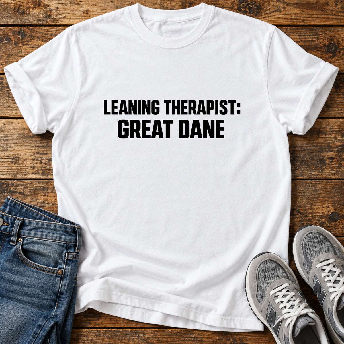 Leaning Therapist Great Dane graphic T-shirt in White, shown on a flat-lay shirt mockup