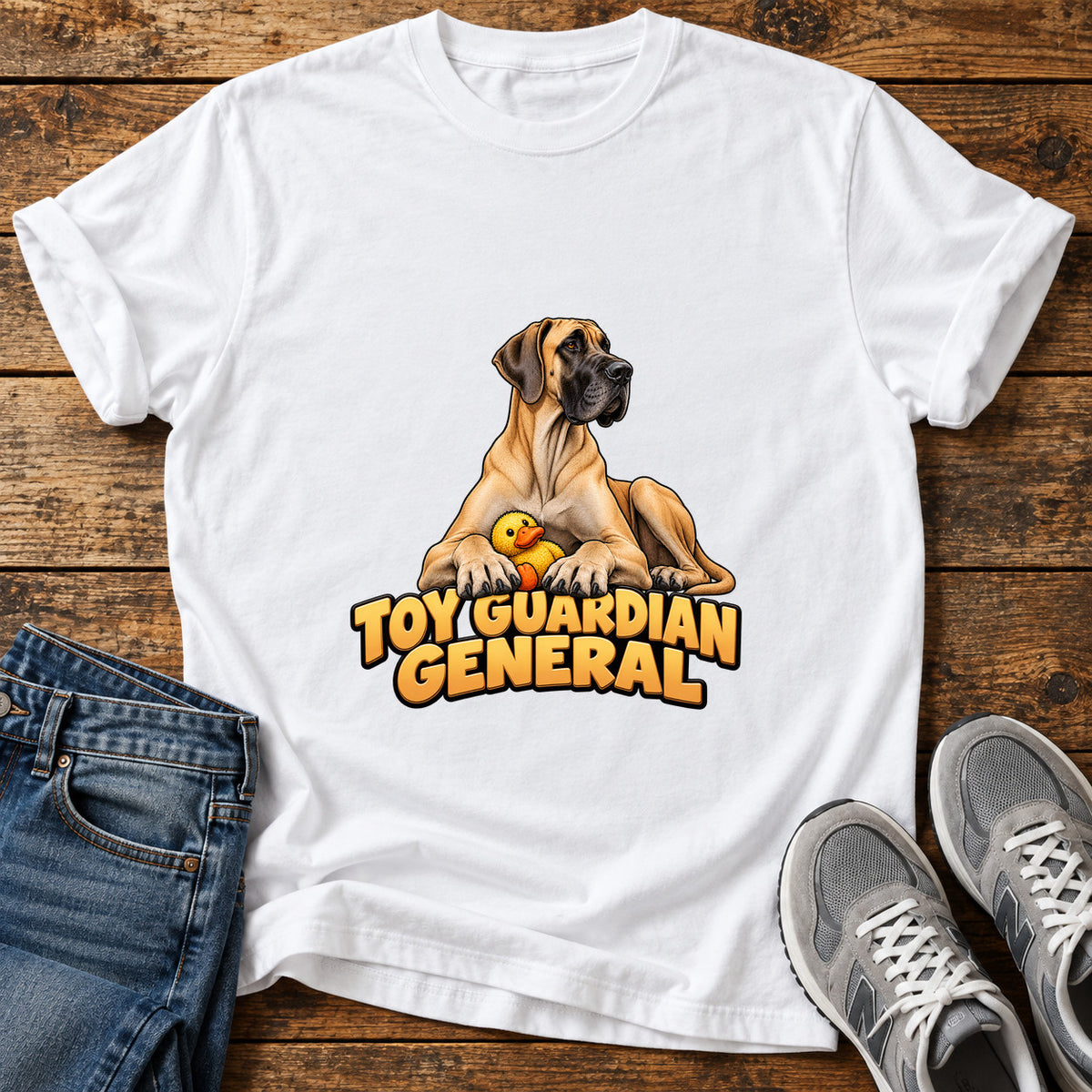 Toy Guardian General Great Dane graphic T-shirt in White, shown on a flat-lay shirt mockup
