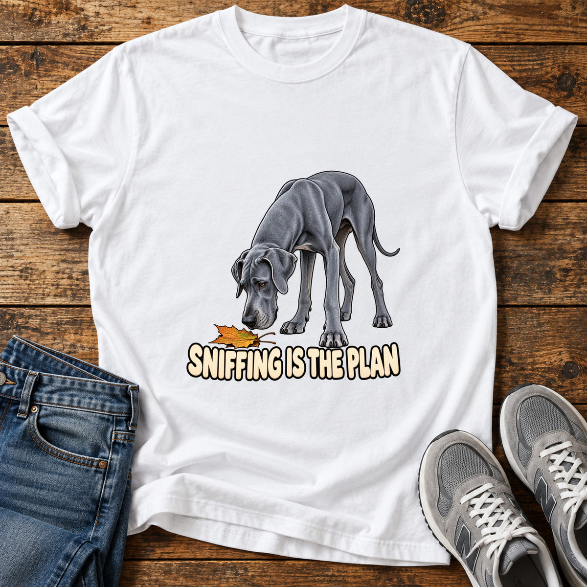 Sniffing Plan Great Dane graphic T-shirt in White, shown on a flat-lay shirt mockup