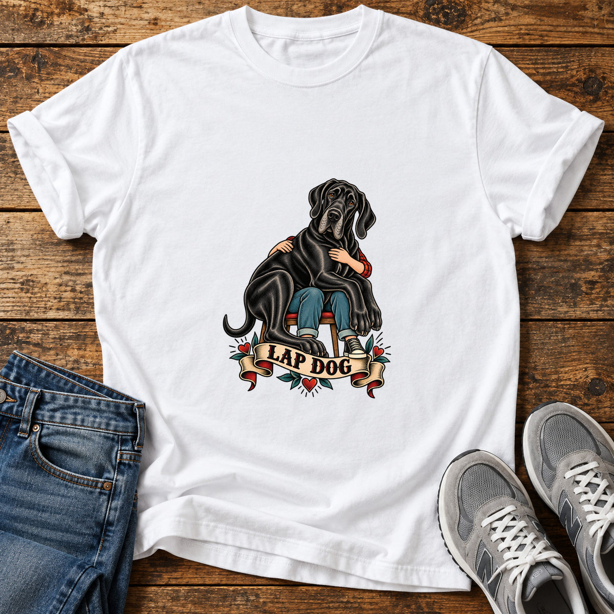 Lap Dog Great Dane graphic T-shirt in White, shown on a flat-lay shirt mockup