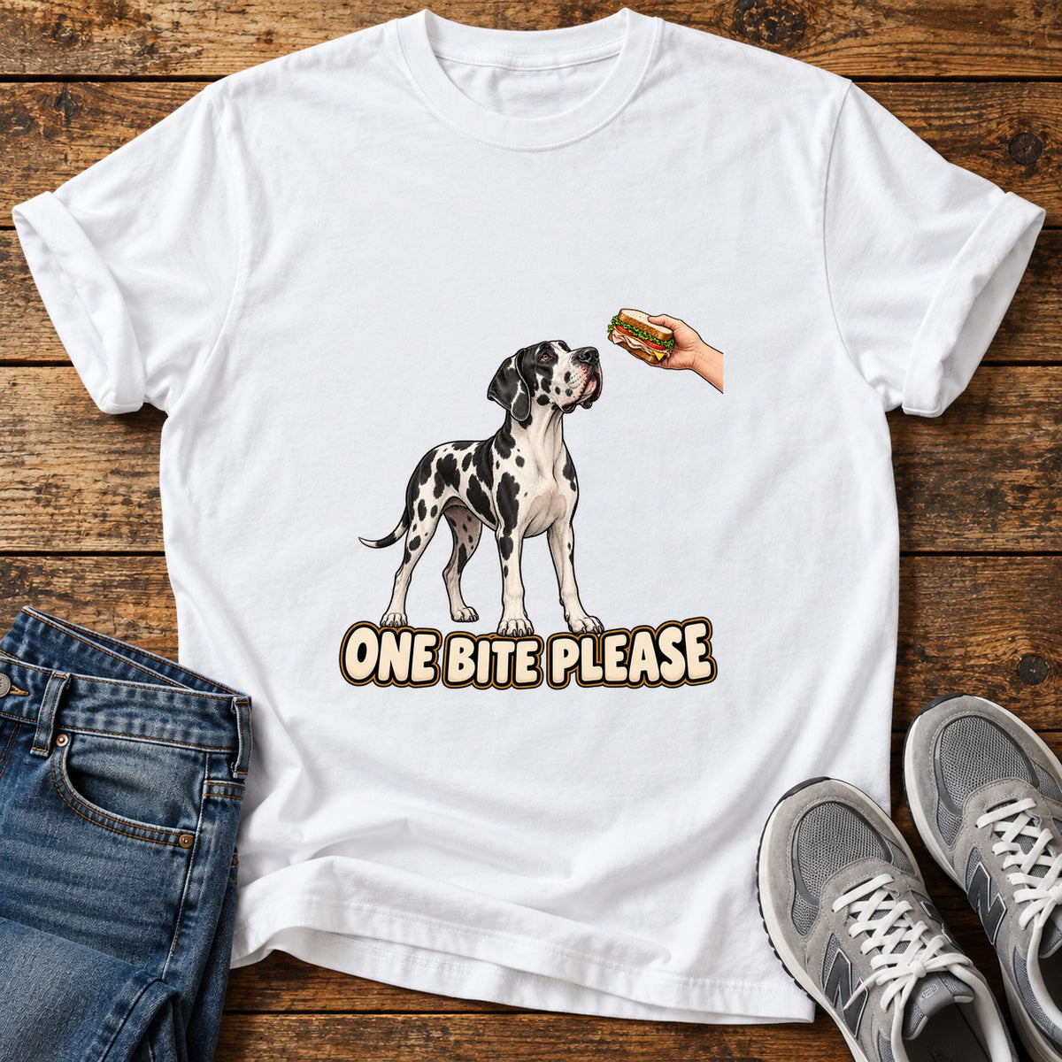 One Bite Please Great Dane graphic T-shirt in White, shown on a flat-lay shirt mockup