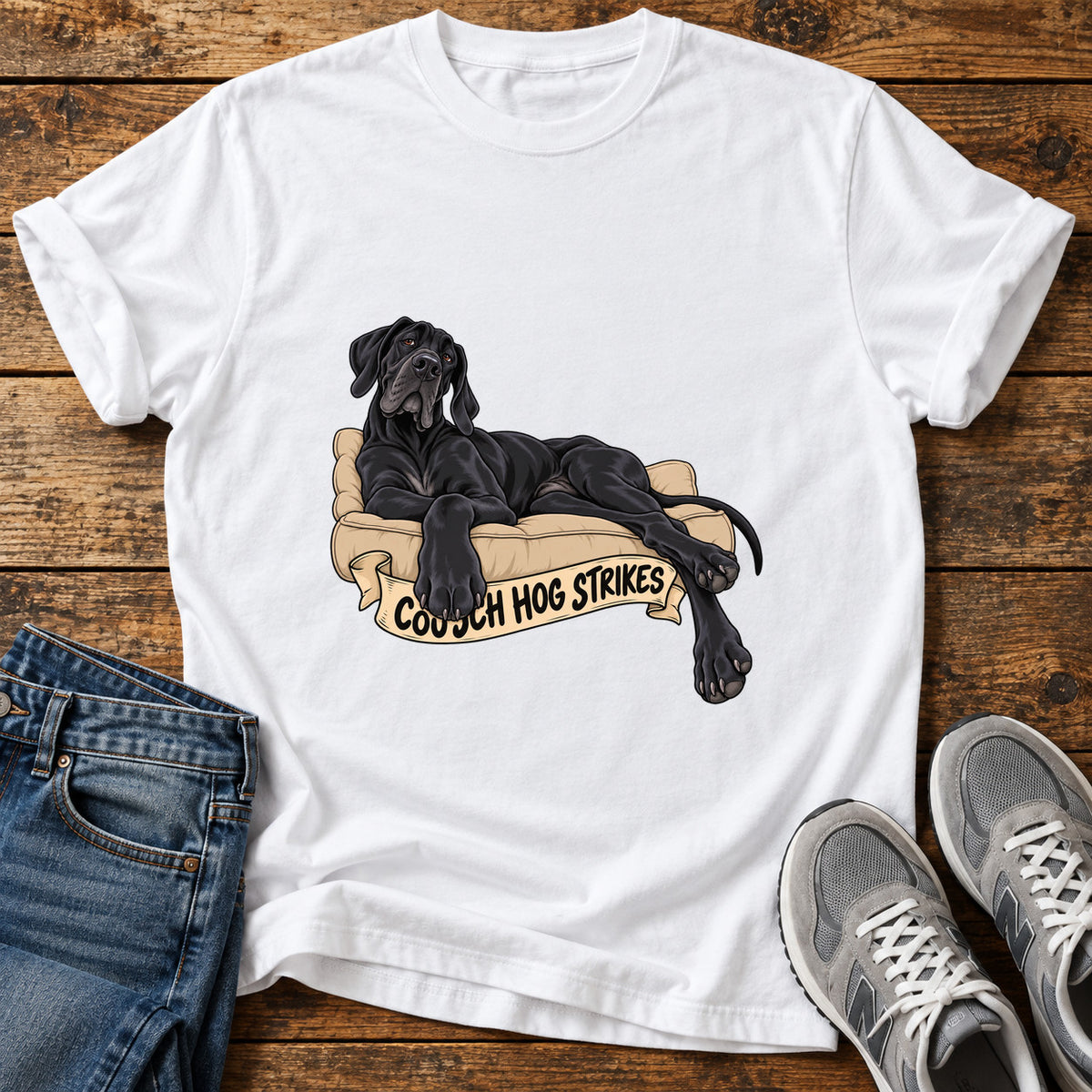 Couch Hog Strikes Great Dane graphic T-shirt in White, shown on a flat-lay shirt mockup