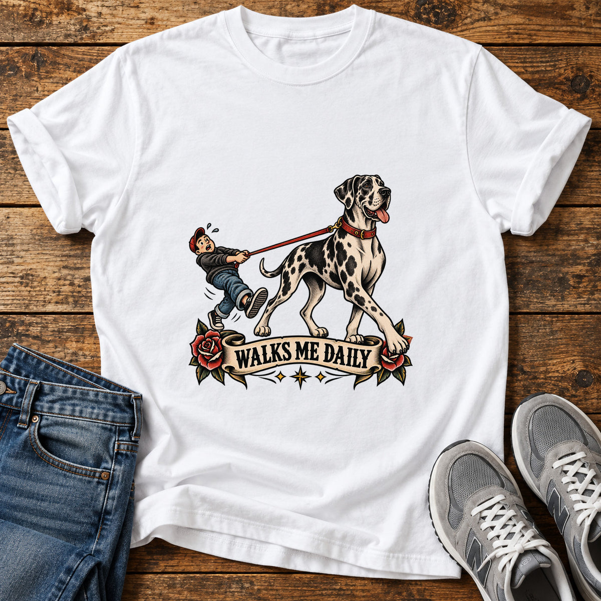 Walks Me Daily Great Dane graphic T-shirt in White, shown on a flat-lay shirt mockup