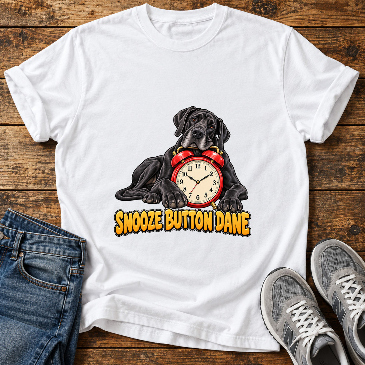 Snooze Button Dane Great Dane graphic T-shirt in White, shown on a flat-lay shirt mockup