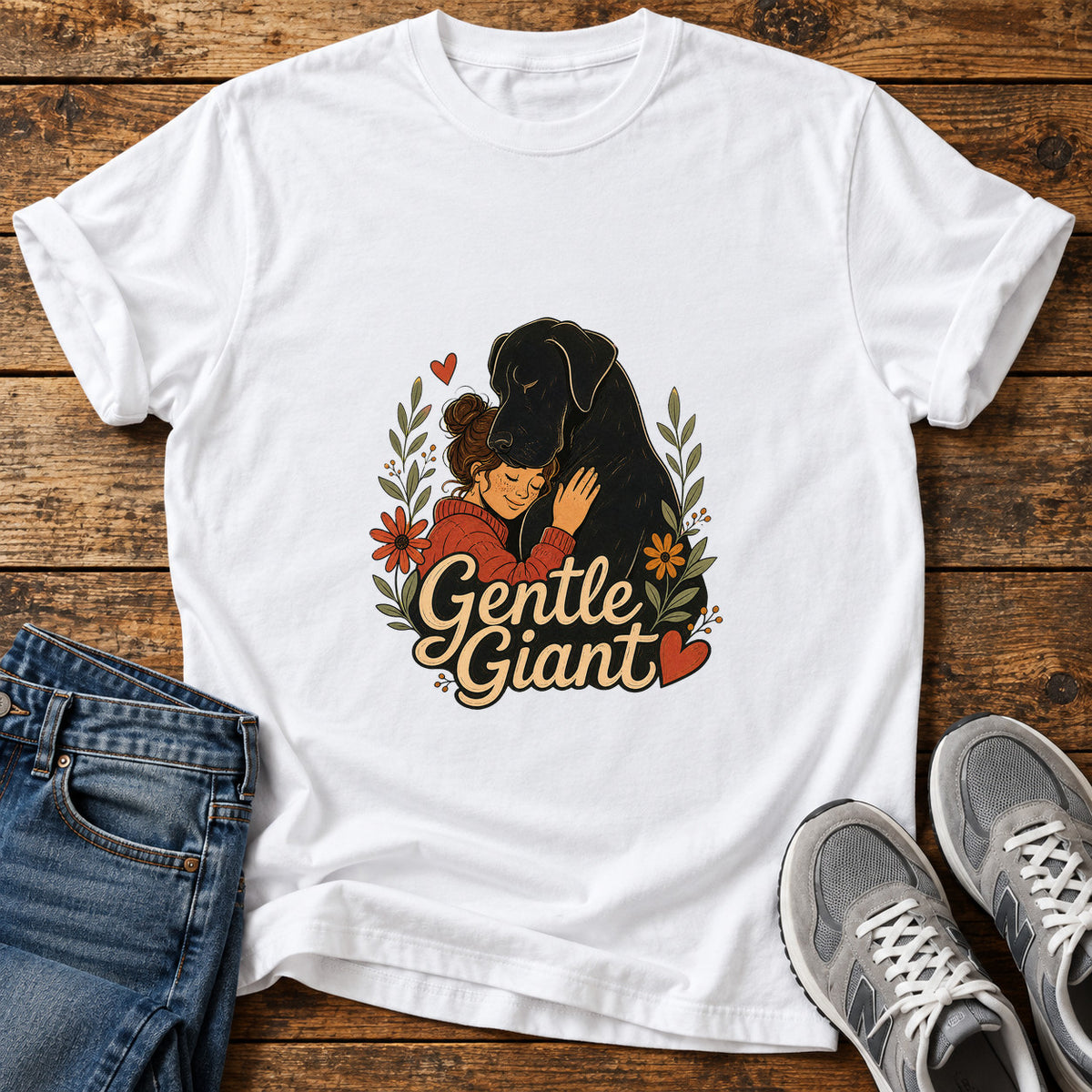 Gentle Giant Great Dane graphic T-shirt in White, shown on a flat-lay shirt mockup