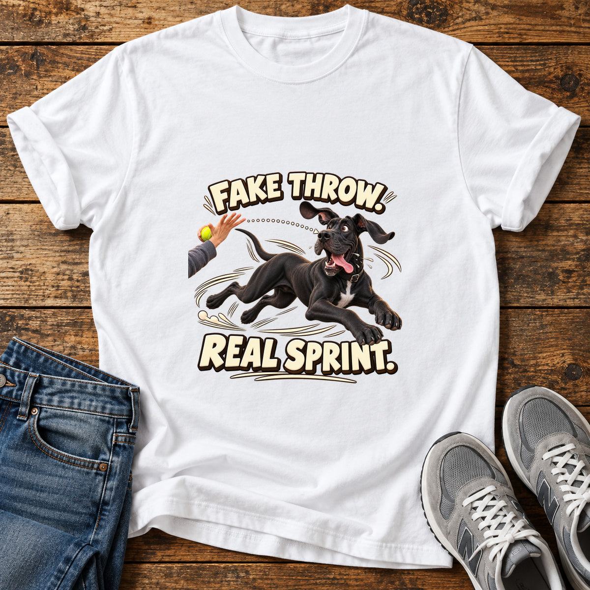 Fake Throw Sprint Great Dane graphic T-shirt in White, shown on a flat-lay shirt mockup