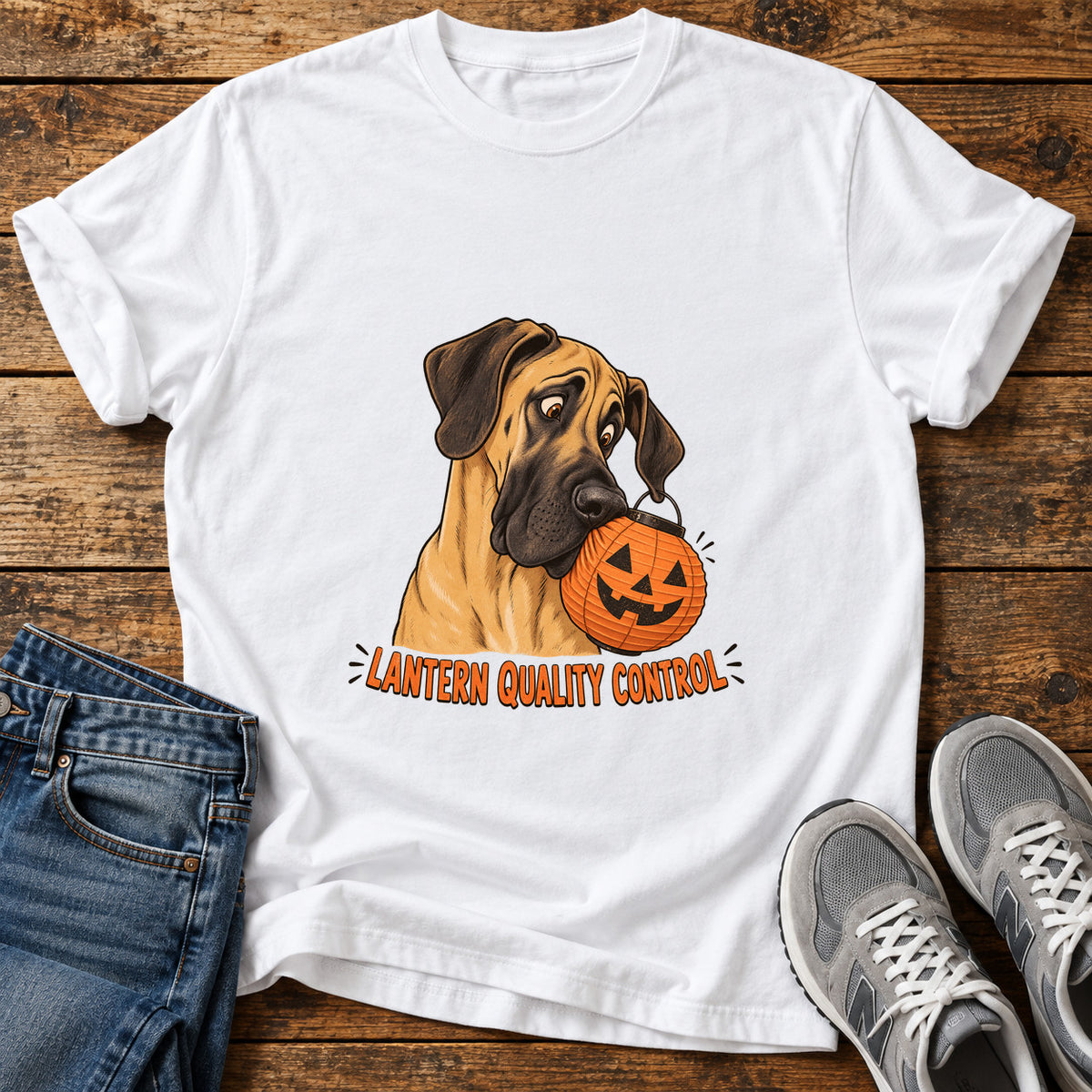 Lantern Quality Control Great Dane graphic T-shirt in White, shown on a flat-lay shirt mockup