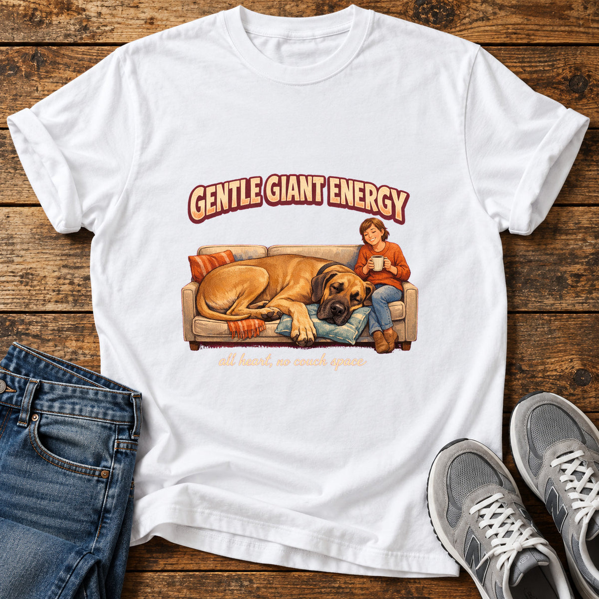 Gentle Giant Energy Great Dane graphic T-shirt in White, shown on a flat-lay shirt mockup
