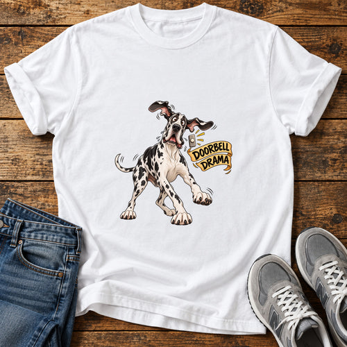 Doorbell Drama Great Dane graphic T-shirt in White, shown on a flat-lay shirt mockup