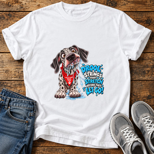 Drool Strings Stretch Great Dane graphic T-shirt in White, shown on a flat-lay shirt mockup