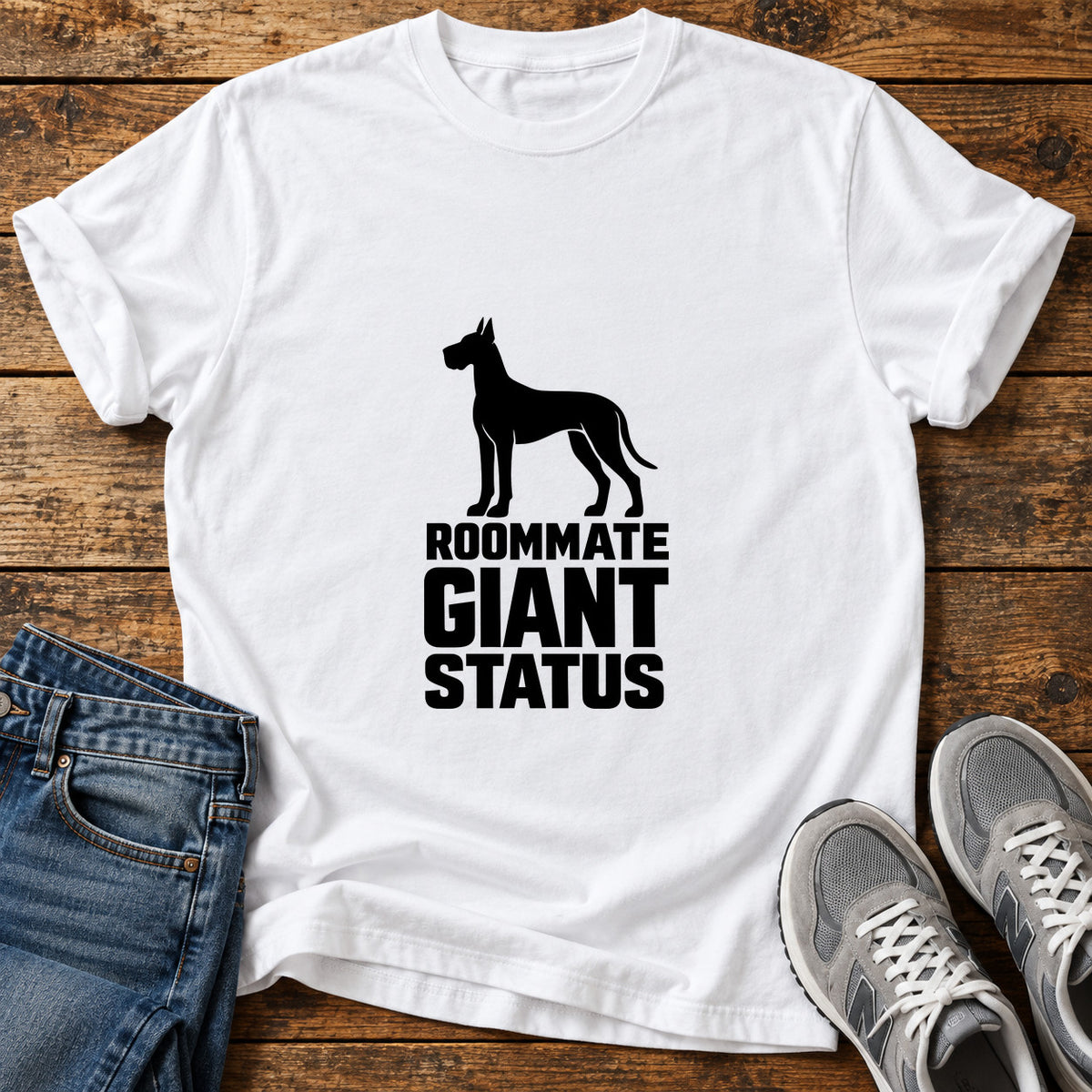 Roommate Giant Status Great Dane graphic T-shirt in White, shown on a flat-lay shirt mockup