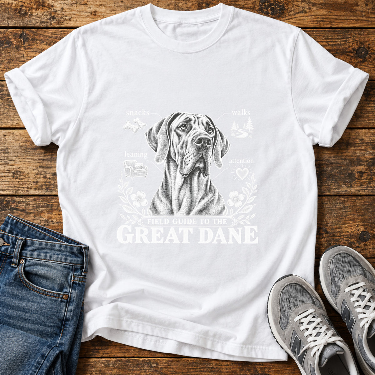 Great Dane Guide graphic T-shirt in White, shown on a flat-lay shirt mockup