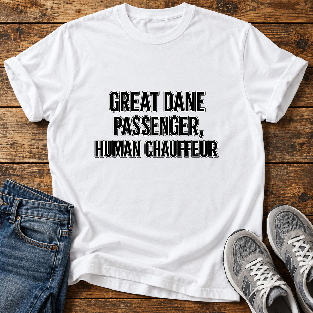Great Dane Chauffeur graphic T-shirt in White, shown on a flat-lay shirt mockup
