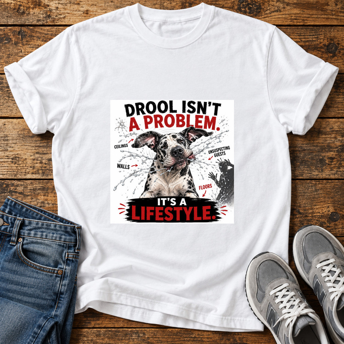 Drool Lifestyle Great Dane graphic T-shirt in White, shown on a flat-lay shirt mockup