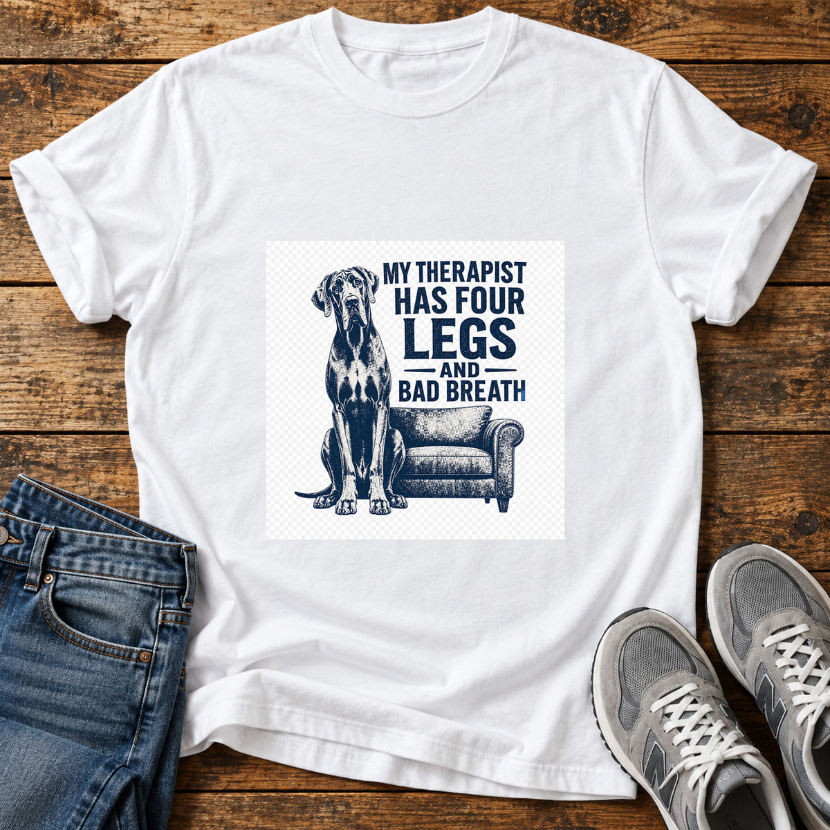 Four Leg Therapist Great Dane graphic T-shirt in White, shown on a flat-lay shirt mockup