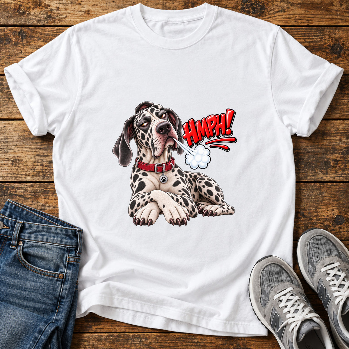Hmph Pooch Great Dane graphic T-shirt in White, shown on a flat-lay shirt mockup