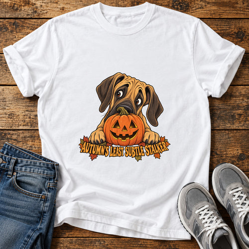 Autumn's Stalker Great Dane graphic T-shirt in White, shown on a flat-lay shirt mockup