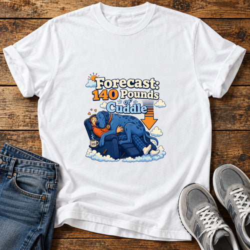 140 Pounds Cuddle Great Dane graphic T-shirt in White, shown on a flat-lay shirt mockup