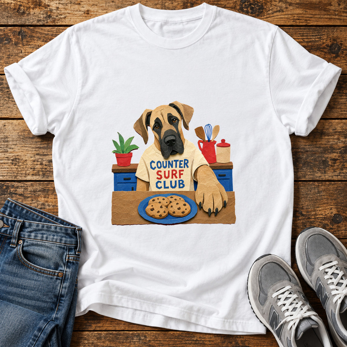 Counter Surf Club Great Dane graphic T-shirt in White, shown on a flat-lay shirt mockup