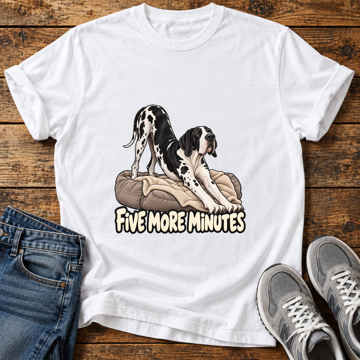 Five More Minutes Great Dane graphic T-shirt in White, shown on a flat-lay shirt mockup