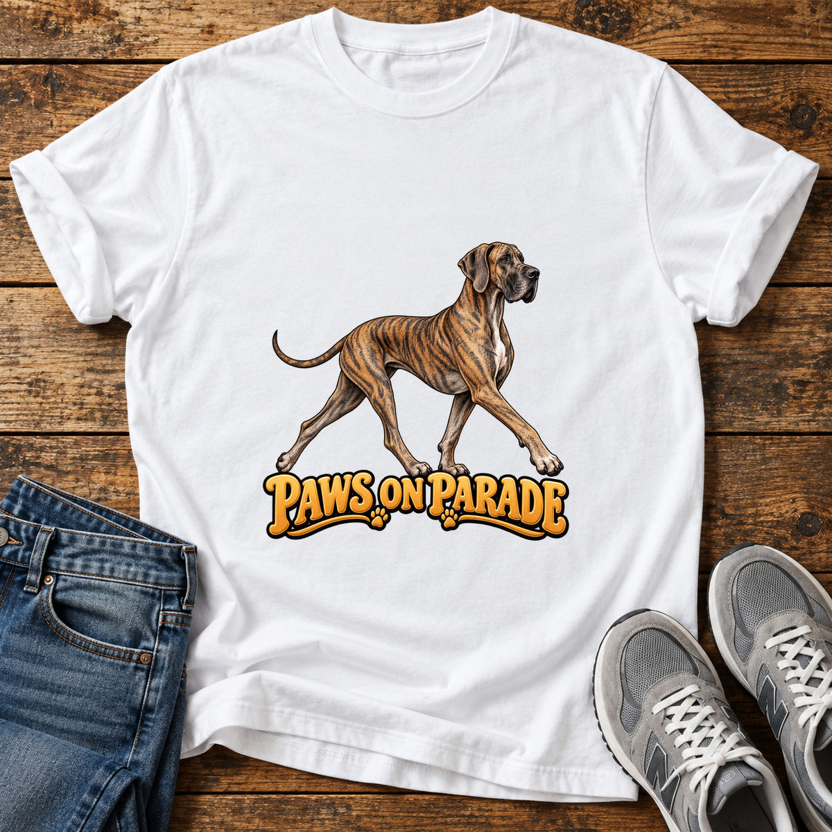 Paws On Parade Great Dane graphic T-shirt in White, shown on a flat-lay shirt mockup