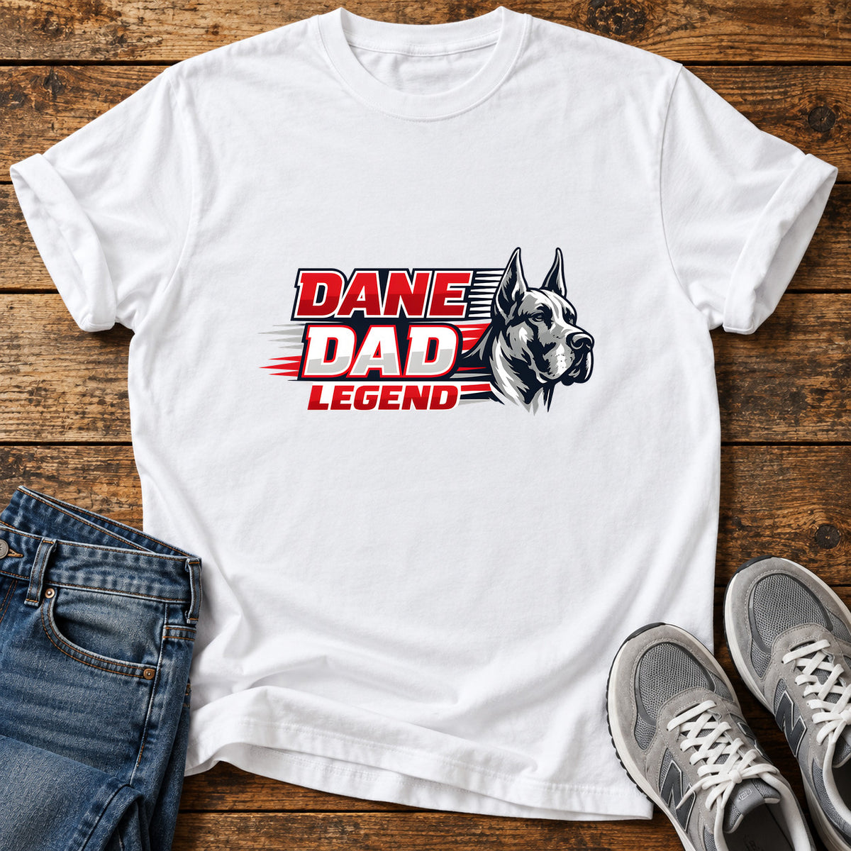 Dane Dad Legend Great Dane graphic T-shirt in White, shown on a flat-lay shirt mockup