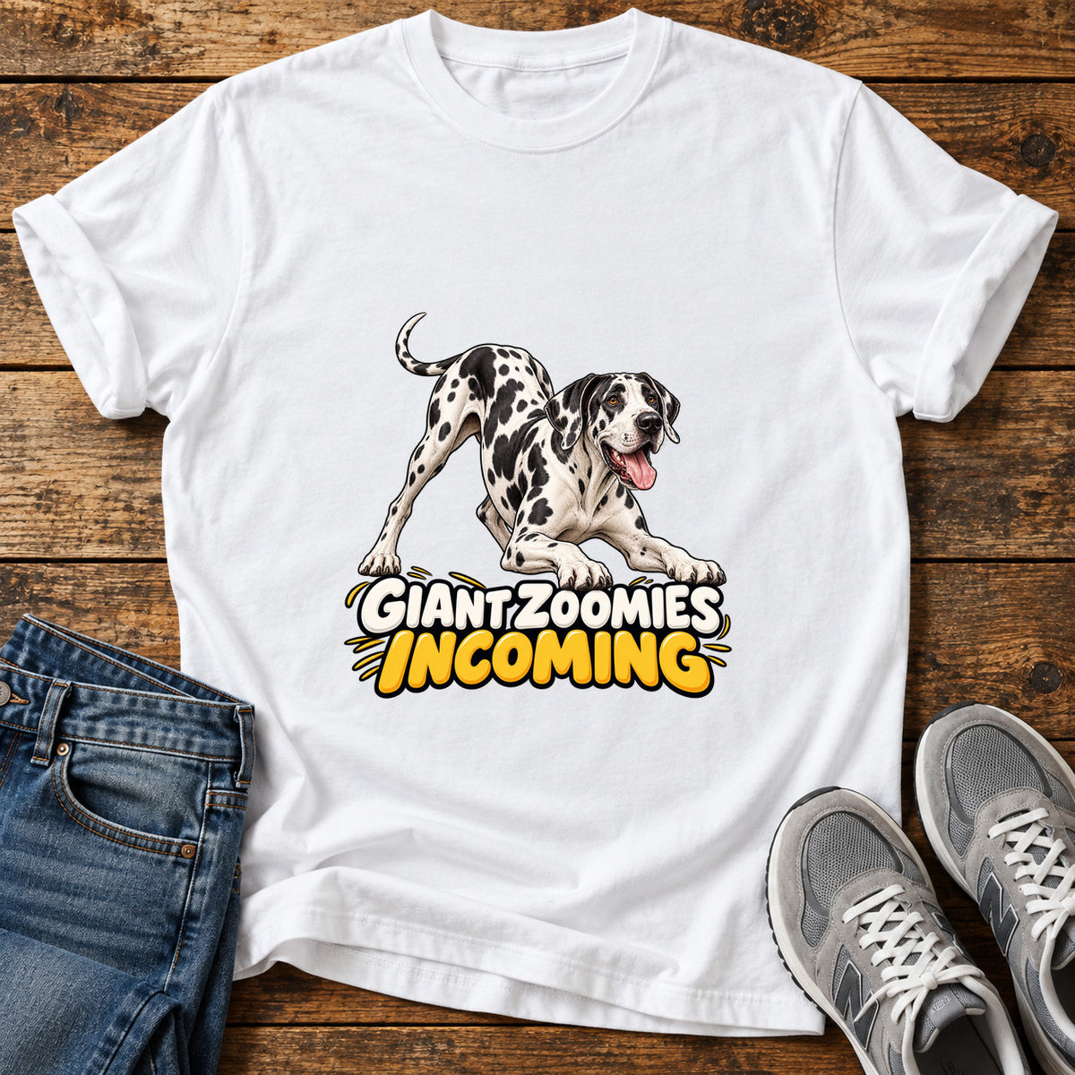 Giant Zoomies Great Dane graphic T-shirt in White, shown on a flat-lay shirt mockup