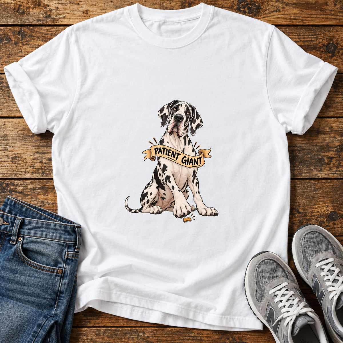 Patient Giant Great Dane graphic T-shirt in White, shown on a flat-lay shirt mockup
